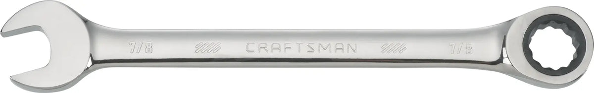 Craftsman CMMT38960 chrome combination wrench with open end and ratcheting box end, product photo on white background.