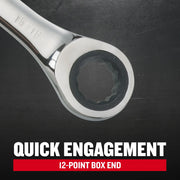 CRAFTSMAN CMMT38961 wrench close-up showing 12-point box end with quick engagement feature, black background.