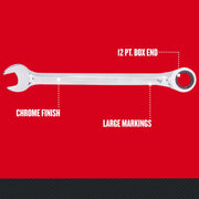 Craftsman chrome finish wrench CMMT39239 with 12 pt. box end and large markings, side view.