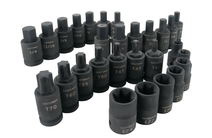 Photo of CRAFTSMAN socket bit set SKU CMMT42031, black impact sockets in various sizes, arranged on white background.