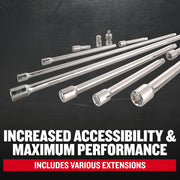 CRAFTSMAN socket extension bars and adapters set, chrome finish, SKU CMMT42283, displayed on black surface.
