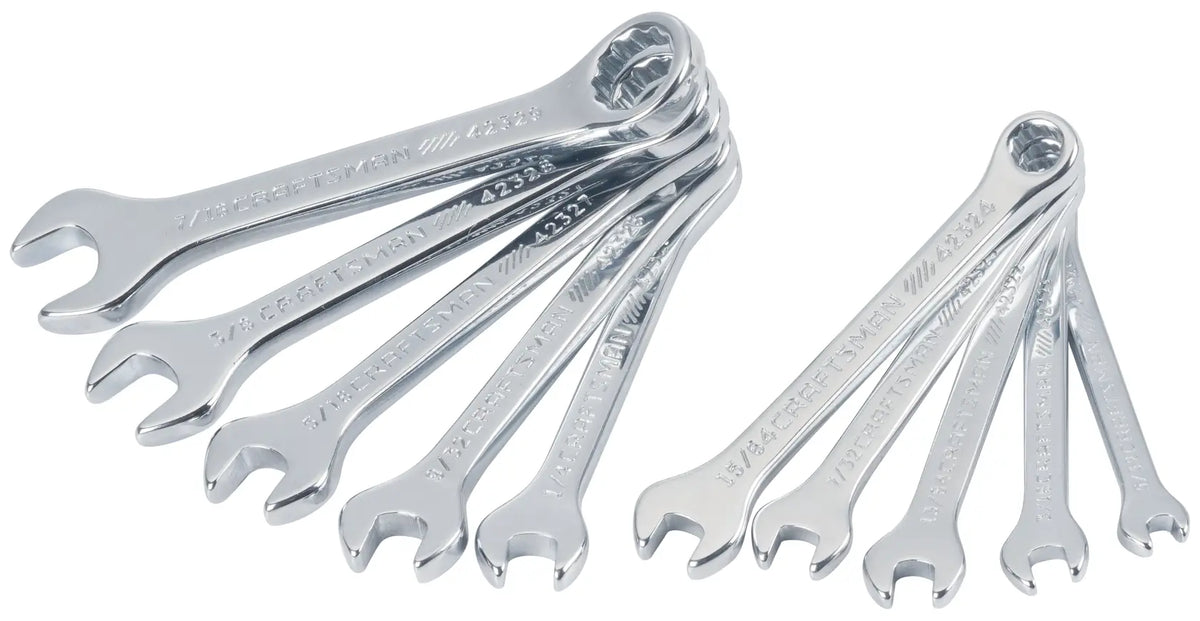 Craftsman CMMT42319 polished chrome wrench set, eight pieces fanned out, white background, top view.