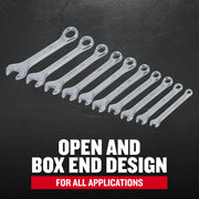 Craftsman combination wrench set CMMT42319, eleven wrenches with open and box ends, top angle, on black background.