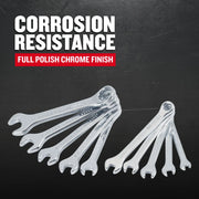 Craftsman polished chrome finish wrench set, CMMT42319, arranged on black surface, product angle view.