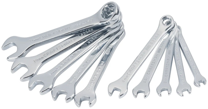 Photo of CRAFTSMAN CMMT42339 chrome combination wrench set, assorted sizes, top view, white background.
