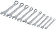 Photo of Craftsman CMMT42339 metric combination wrench set, 10-piece, silver, top angle, on white background.