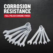 Craftsman chrome wrench set SKU CMMT42339 on black background, showcasing corrosion resistance graphics.