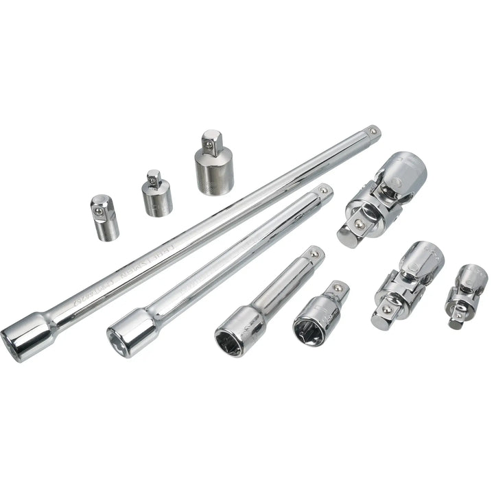 CRAFTSMAN CMMT42351 chrome socket accessory set including extensions and adapters, flat lay, white background.