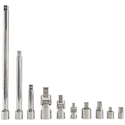Craftsman CMMT42351 socket accessory set with 10 chrome extension and adapter pieces, front view on white background.