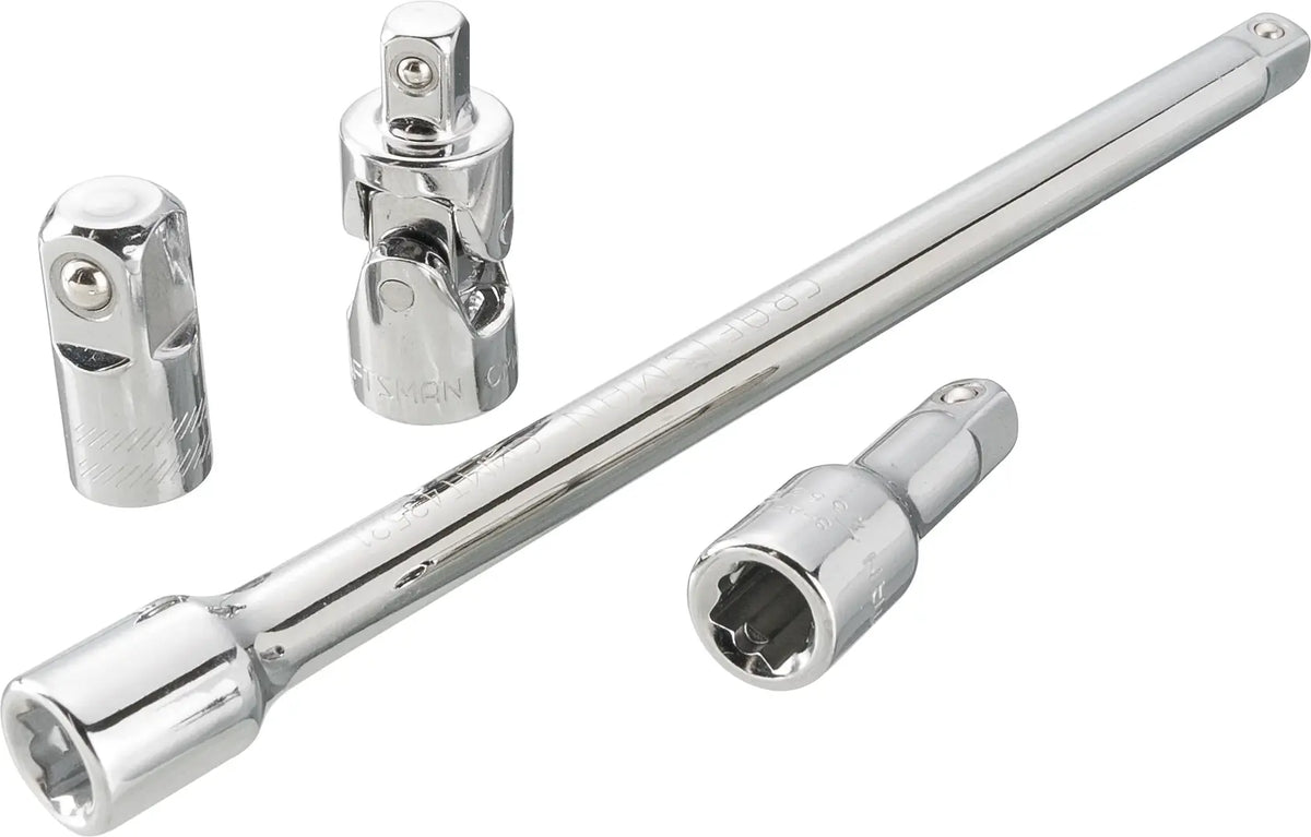 Photo of CRAFTSMAN CMMT42352 chrome socket accessory set, including extension bar and adapters, on white background.