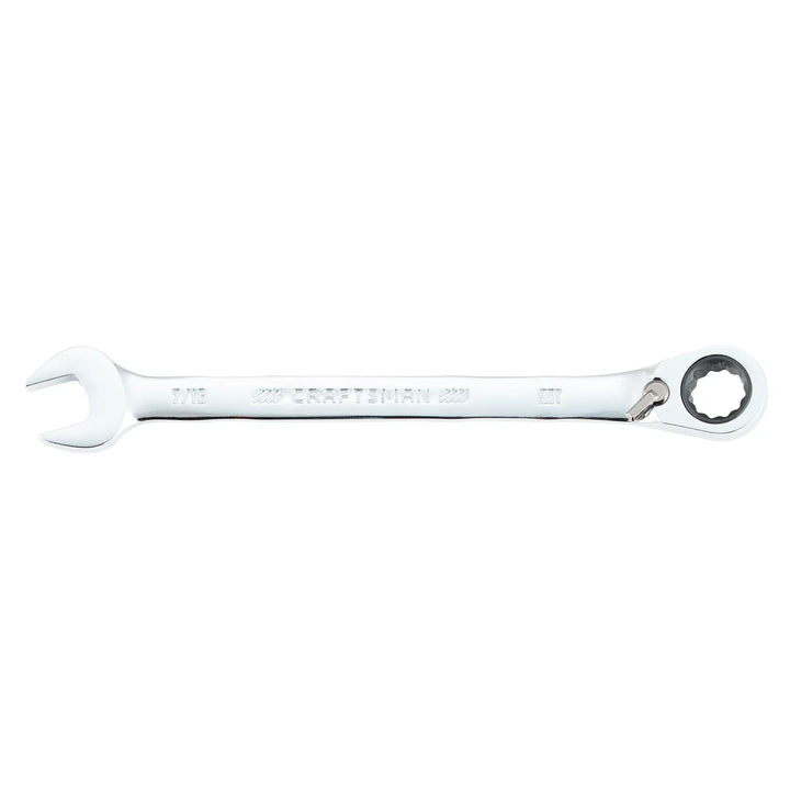 Photo of Craftsman ratcheting combination wrench, chrome finish, SKU CMMT42414, side view on white background.