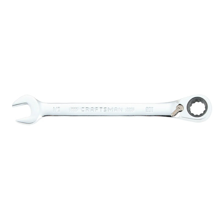 Photo of Craftsman CMMT42415 ratcheting combination wrench, chrome finish, flat lay on white background.