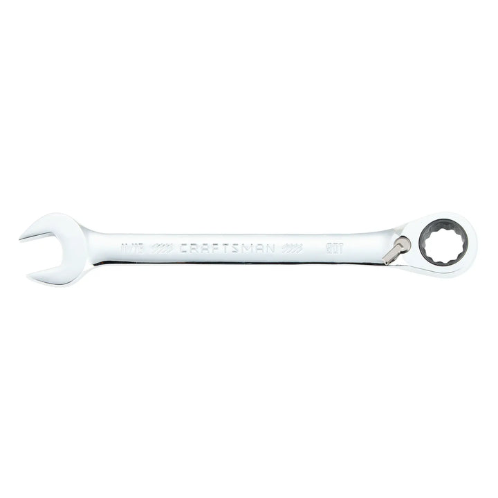 Photo of Craftsman CMMT42418 combination ratcheting wrench, chrome finish, 11/16 inch, side view on white background.