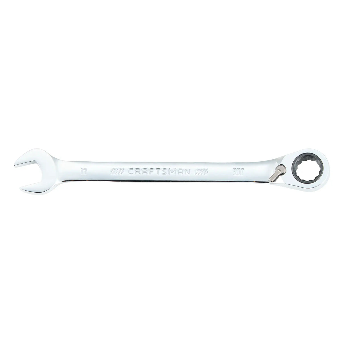 Photo of CRAFTSMAN CMMT42423 12mm ratcheting combination wrench, chrome finish, top view on white background.