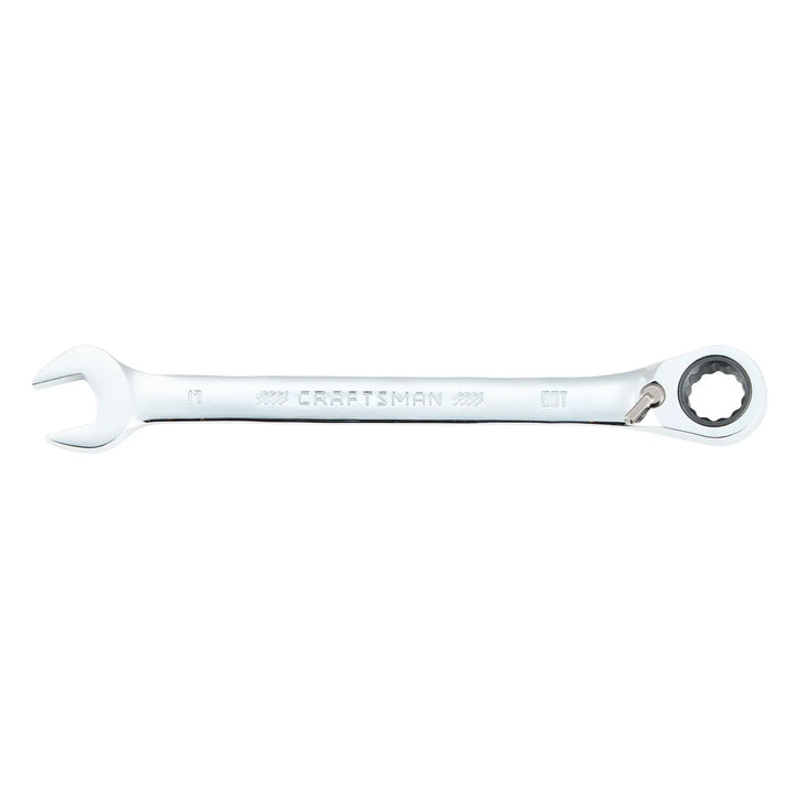 Photo of CRAFTSMAN CMMT42423 12mm ratcheting combination wrench, chrome finish, top view on white background.