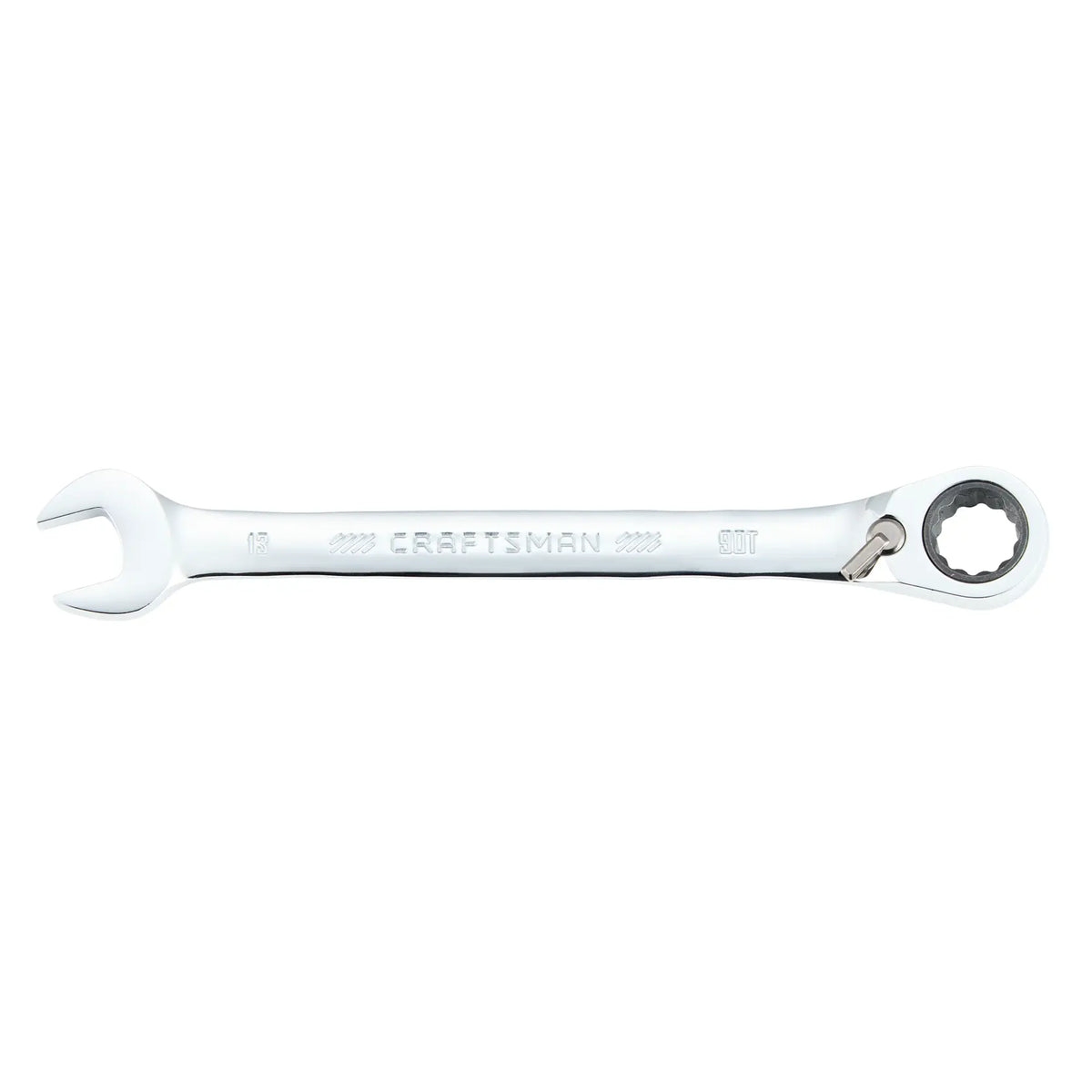 Photo of Craftsman CMMT42424 combination ratcheting wrench, 13mm, polished chrome, side view on white background.