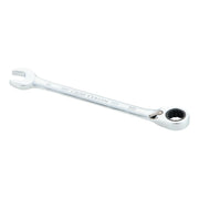 A CRAFTSMAN branded ratcheting combination wrench with a chrome finish. One end has an open jaw for gripping nuts and bolts, while the other end has a ratcheting box for tightening or loosening fasteners.