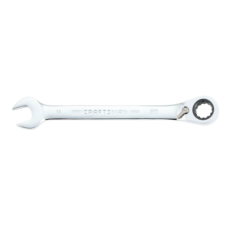 Photo of Craftsman CMMT42425 ratcheting combination wrench, 14mm, chrome finish, top view on white background.