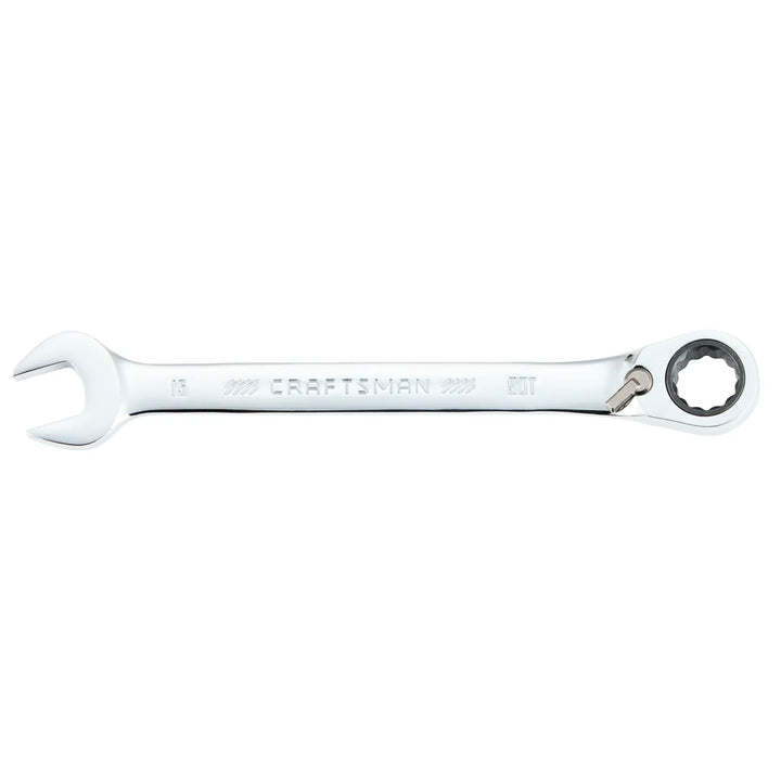 Photo of Craftsman 15mm ratcheting combination wrench, silver finish, SKU CMMT42426, top view, hand tool.