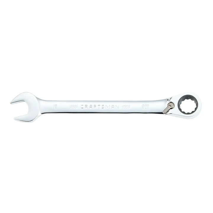 Photo of Craftsman CMMT42430 ratcheting combination wrench, 19mm, chrome finish, side view on white background.