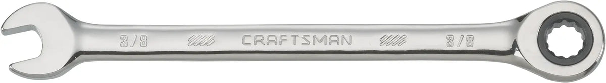 Craftsman CMMT42561 ratcheting combination wrench, silver, front angle, 3/8 inch size.