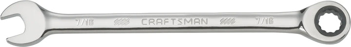 Photo of Craftsman combination ratcheting wrench 7/16 inch, model CMMT42562, viewed from above on white background.
