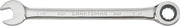CRAFTSMAN CMMT42564 chrome combination wrench with open end and ratcheting box end, top view on white background.