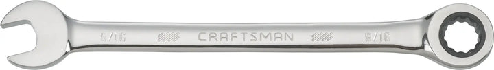 CRAFTSMAN CMMT42564 chrome combination wrench with open end and ratcheting box end, top view on white background.