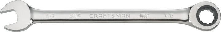 Photo of Craftsman ratcheting combination wrench 5/8 inch, chrome finish, SKU CMMT42565, side view.
