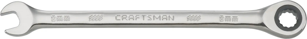 Craftsman CMMT42568 combination ratcheting wrench with open and box ends, silver metal, side view on white background.