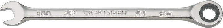 Craftsman CMMT42568 combination ratcheting wrench with open and box ends, silver metal, side view on white background.