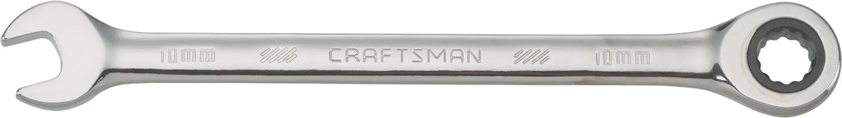 Photo of Craftsman CMMT42569 combination ratcheting wrench, 10 mm, chrome finish, flat front angle on white background.