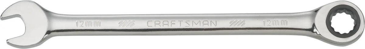 Photo of Craftsman 12mm combination ratcheting wrench CMMT42570, silver finish, top view on white background.
