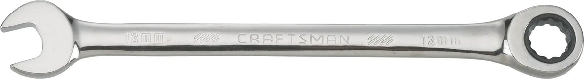 Photo of Craftsman CMMT42571 chrome 13mm combination ratcheting wrench, flat view on white background.