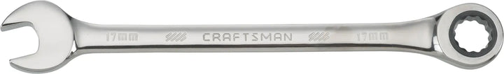 Photo of a Craftsman CMMT42575 17mm combination ratcheting wrench, chrome finish, top view, white background.