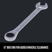 Photo of Craftsman CMMT42576 combination wrench, chrome finish, angled box end, on white background.