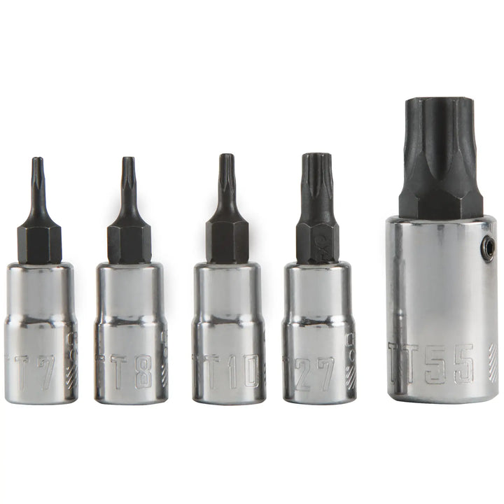 Photo of CRAFTSMAN CMMT42616 Torx bit socket set, five chrome and black sockets on white background.