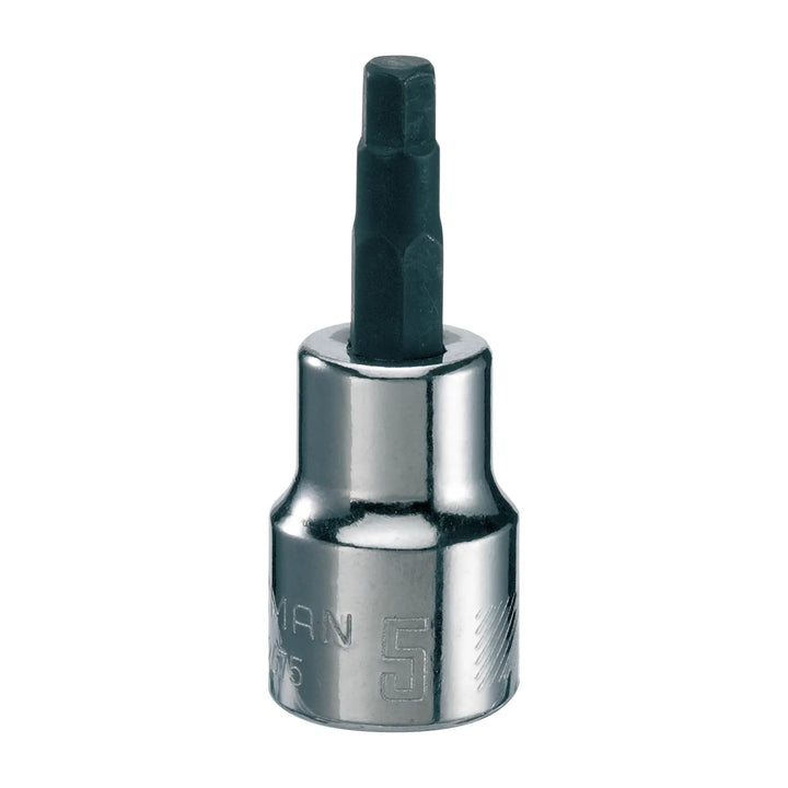 Photo of CRAFTSMAN hex bit socket, chrome and black finish, engraved number 5, SKU CMMT42675, front angle on white.