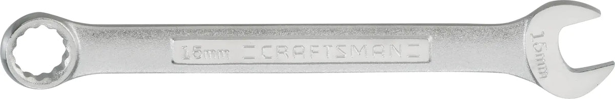 Photo of CRAFTSMAN 15mm combination wrench CMMT42919, silver finish, open-end and box-end, side view on white background.