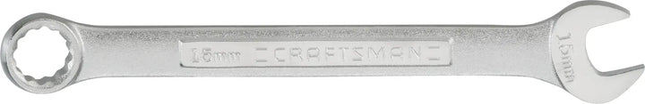 Photo of CRAFTSMAN 15mm combination wrench CMMT42919, silver finish, open-end and box-end, side view on white background.