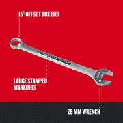 Photo of Craftsman 26 mm wrench CMMT42932, silver with 15° offset box end, large stamped markings, angled left on white background.