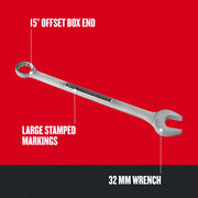 Craftsman 32 mm wrench with 15° offset box end, large stamped markings, SKU CMMT42936, side angle.