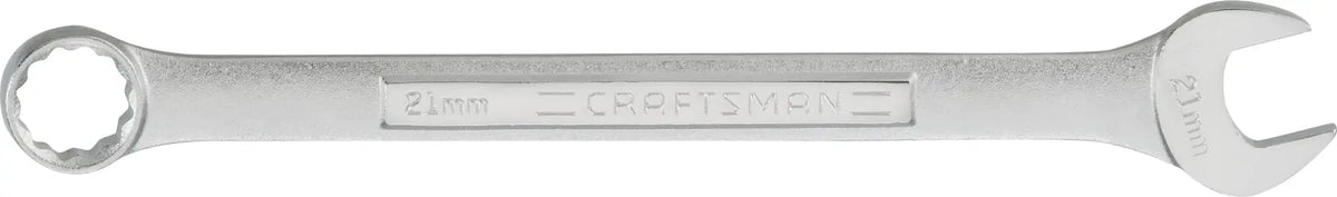 Photo of CRAFTSMAN CMMT42938 21mm combination wrench, silver finish, box end and open end, side angle, white background.