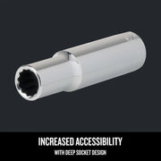 Photo of CRAFTSMAN deep socket, chrome finish, graphics, SKU CMMT43301, side angle.