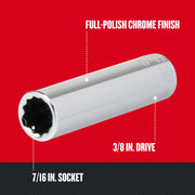 Craftsman 7/16 in. socket, model CMMT43311, full-polish chrome finish, 3/8 in. drive, side angle photo.