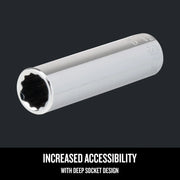 Photo of Craftsman deep socket, model CMMT43311, chrome finish, shown at an angle on white background.