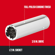 Craftsman chrome socket CMMT43312, 1/2 in. socket, 3/8 in. drive, full-polish finish, angled view on red background.