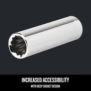 Craftsman deep socket tool, chrome finish, photography on black background, SKU CMMT43312, graphics category.