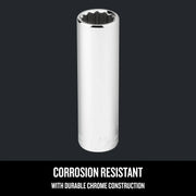 Craftsman chrome socket CMMT43312, corrosion resistant, deep design, photographed from front on black background.