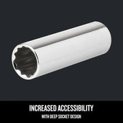 Photo of CRAFTSMAN deep socket, chrome finish, showing SKU CMMT43313 from side angle on plain background.
